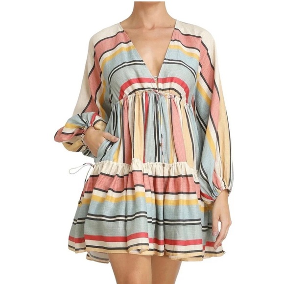 Zimmerman Cassia Draw Stripe Mini Linen Dress Size 2 - Picture 1 of 15
